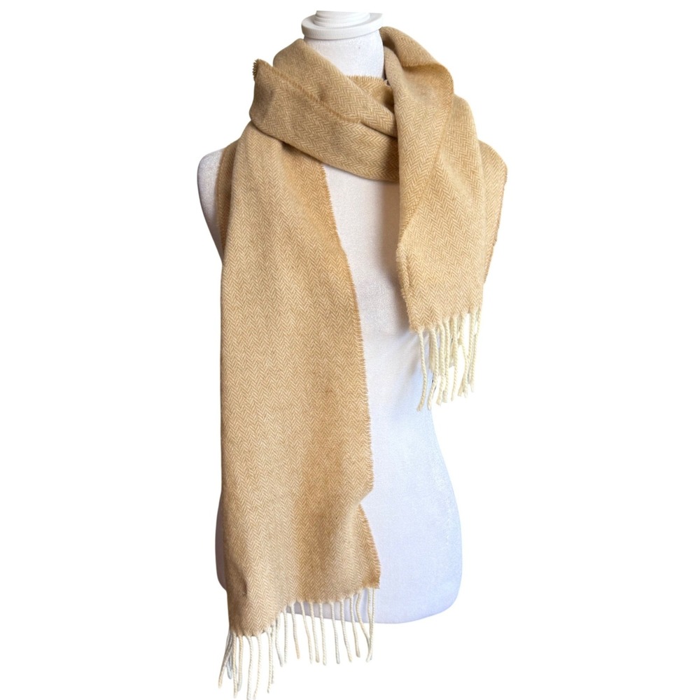 Cristina Chiti Italian Wool Scarf Women OS Camel Herringbone Fringed Unisex